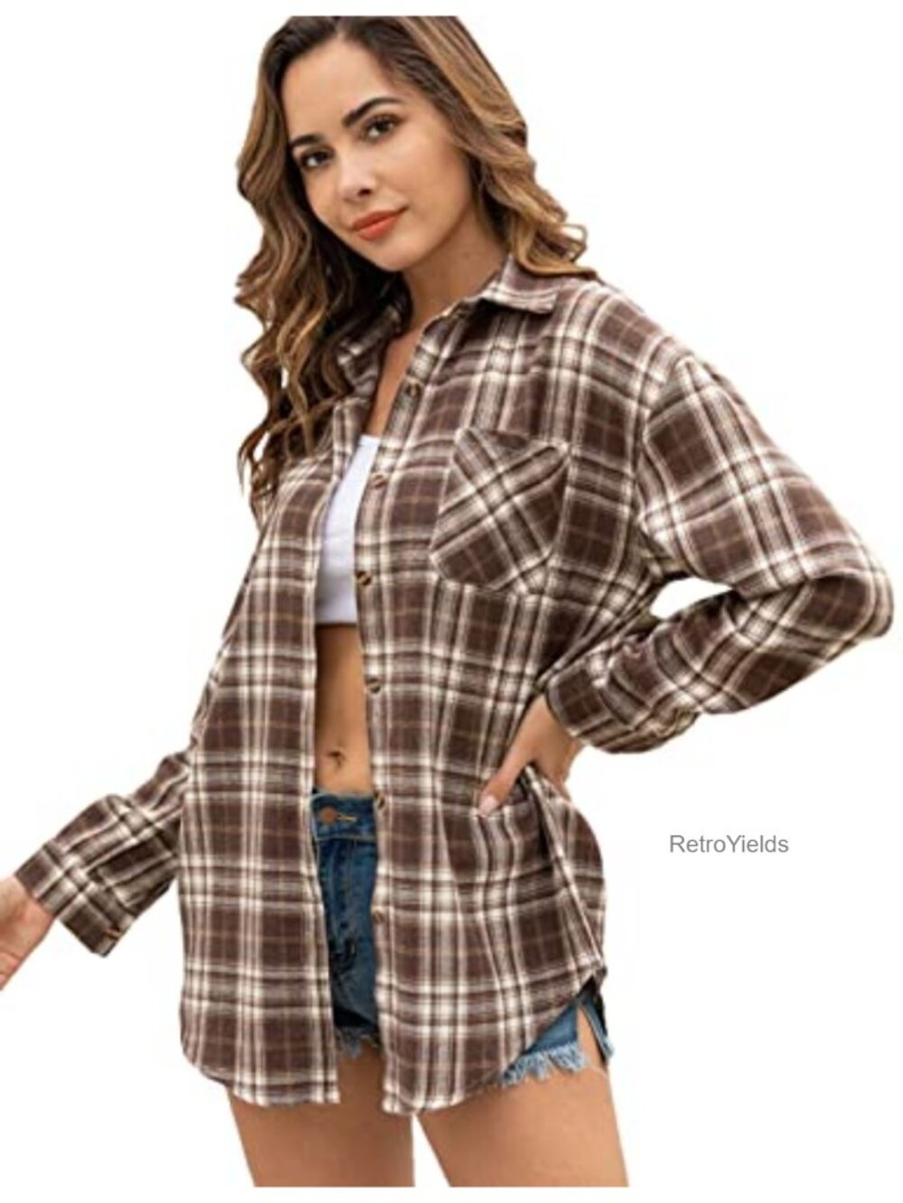 Oversized Plaid Flannel Shirt Button Down Chest Pocket Loose Fit Casual